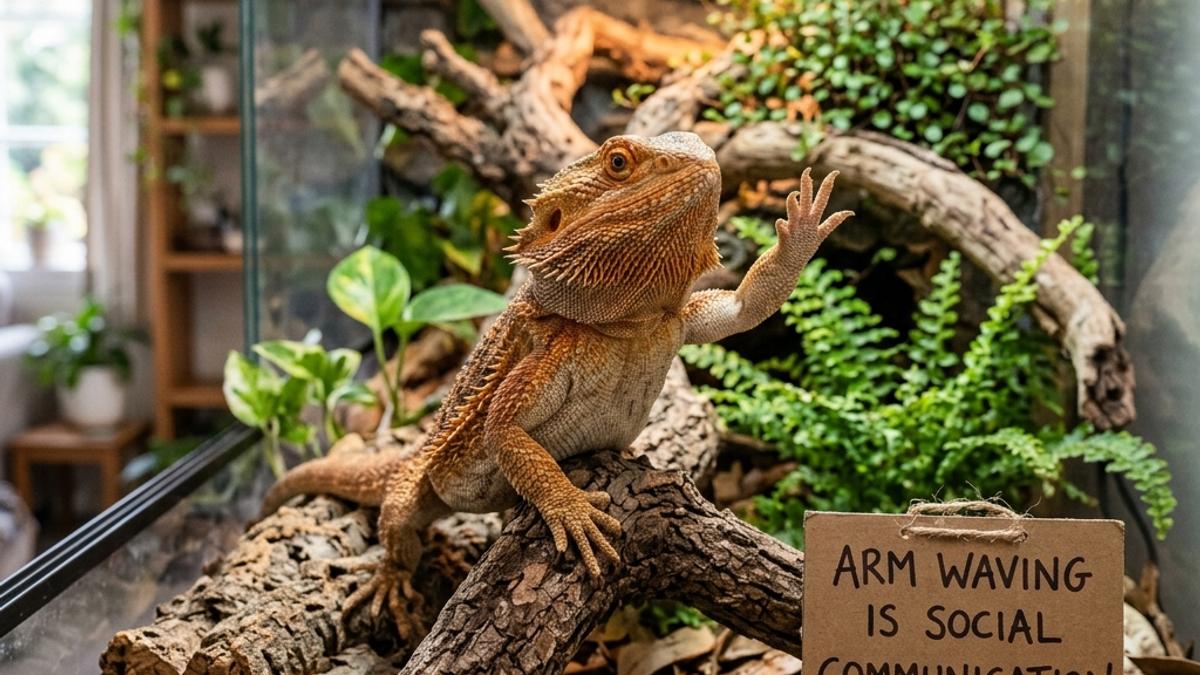 A Bearded Dragon inside its terrarium raising one of its front legs in a slow arm-waving motion next to an info card