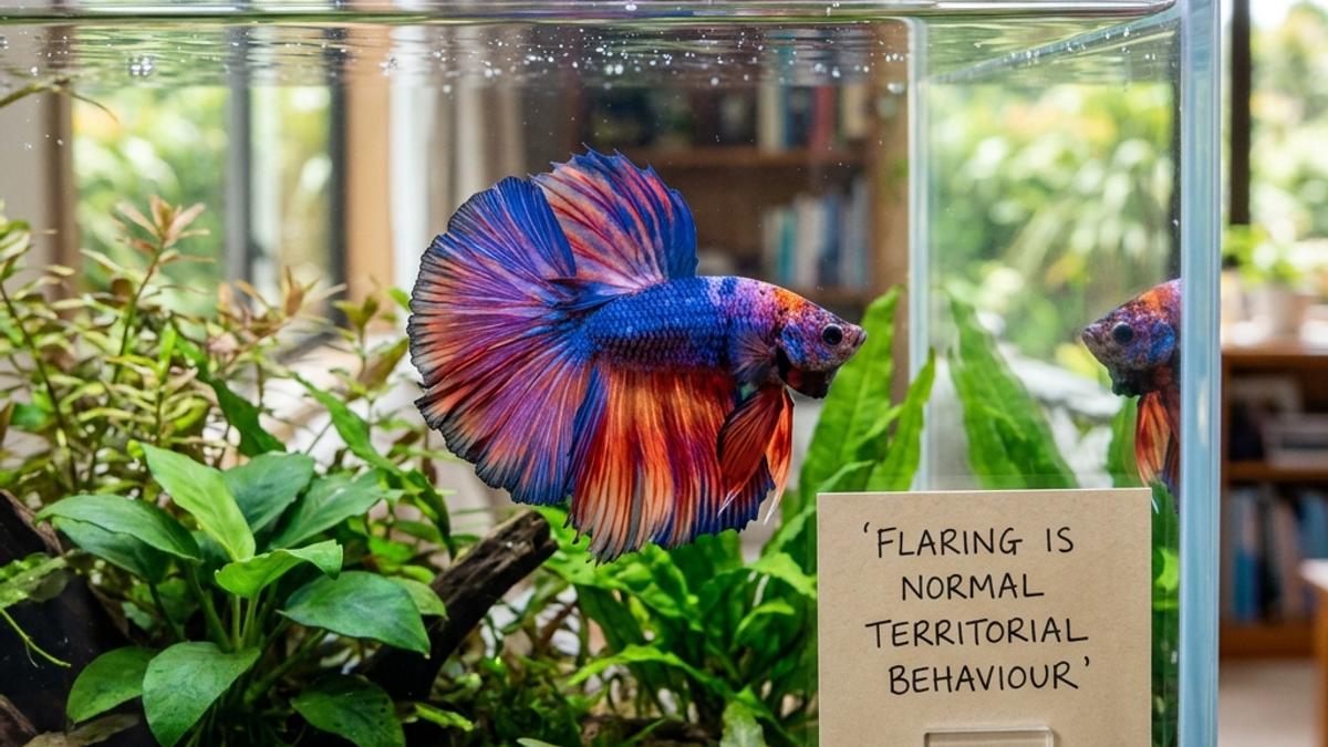 A Halfmoon Betta fish flaring its fins and gills in a clean aquarium next to an info card