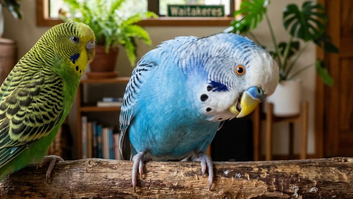 A happy blue budgie bobbing its head in excitement on a branch next to a green budgie