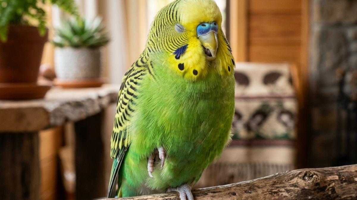 A relaxed green budgie closing its eyes and standing on one foot while grinding its beak