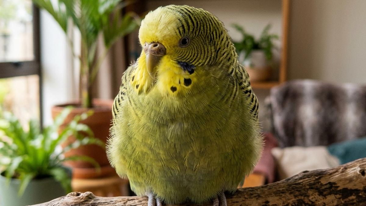 A fluffed-up green budgie puffing up its feathers like a round ball on a wooden perch
