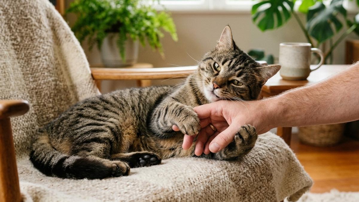 A happy cat playing gently with its owner's hand in a warm New Zealand home