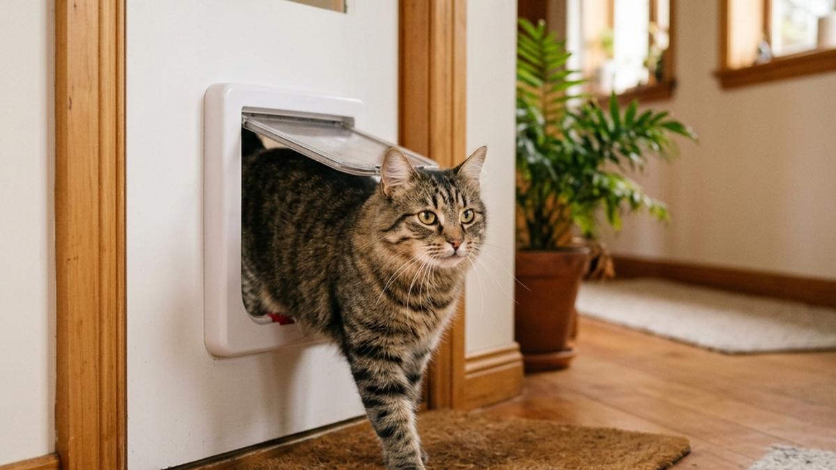 A happy cat returning home through a cat door inside a New Zealand home