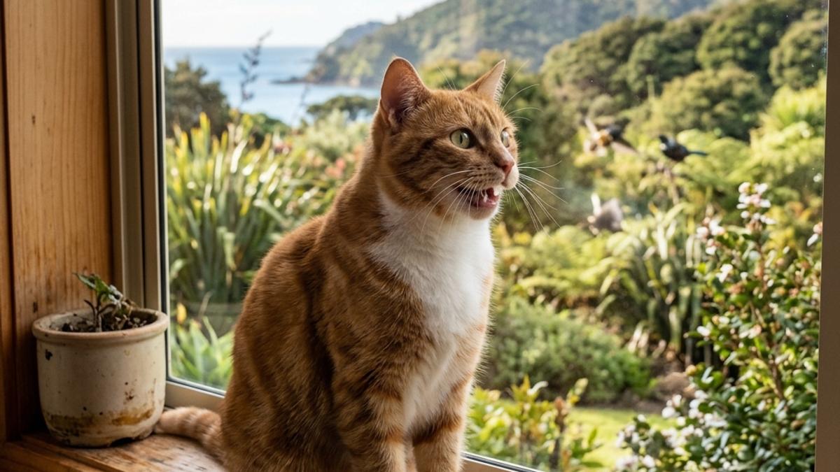 A happy cat in a New Zealand setting, illustrating why does my cat chatter at birds? nz guide