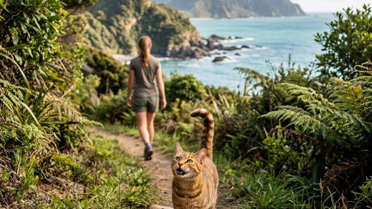 A happy cat in a New Zealand setting, illustrating why does my cat follow me everywhere? nz guide