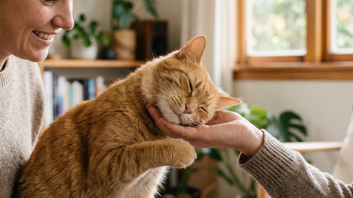 A happy cat headbutting its owner's hand affectionately in a New Zealand home