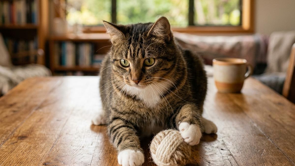 A happy cat playing curious on a wooden table in a warm New Zealand home