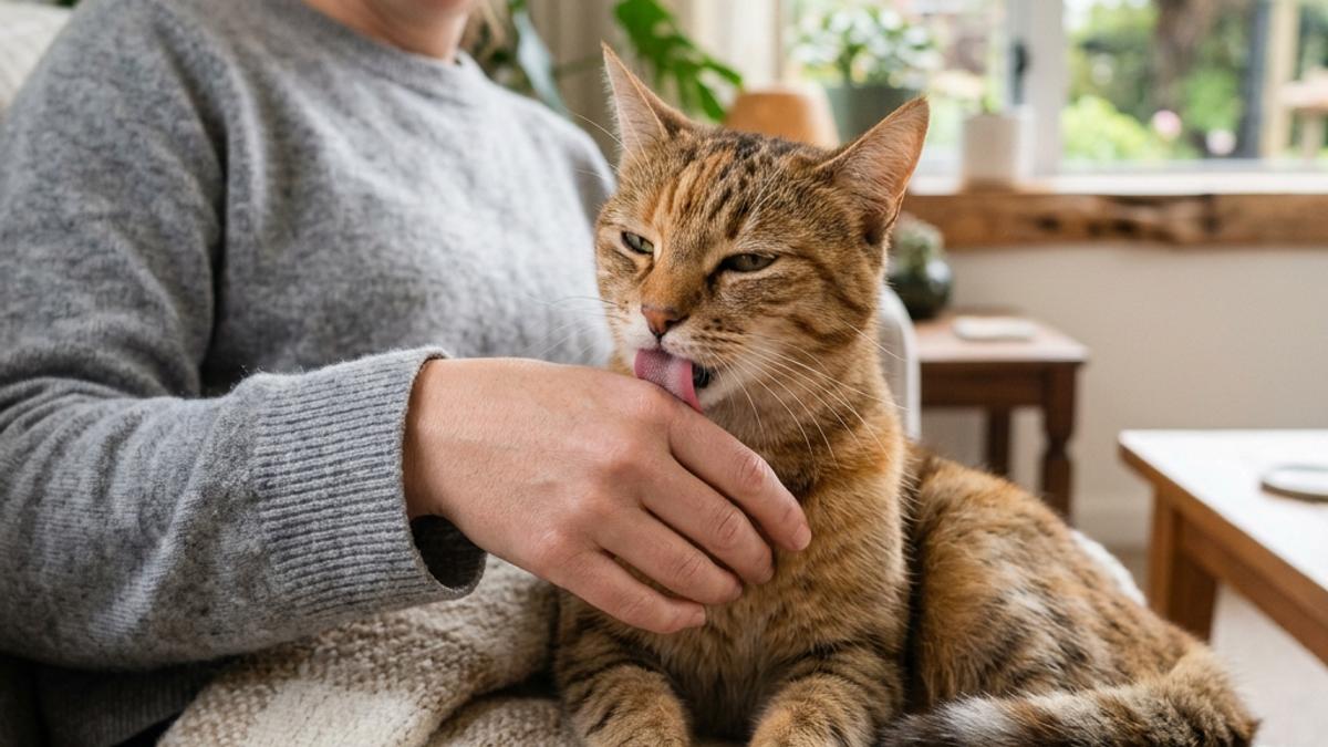 A happy cat in a New Zealand setting, illustrating why does my cat lick me? nz guide to cat licking