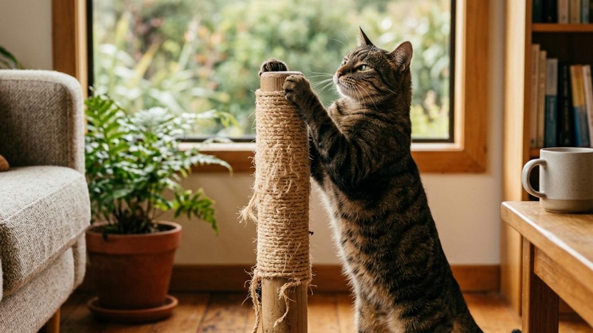 A happy cat in a New Zealand setting, illustrating why does my cat scratch the furniture? nz guide to redirecting it