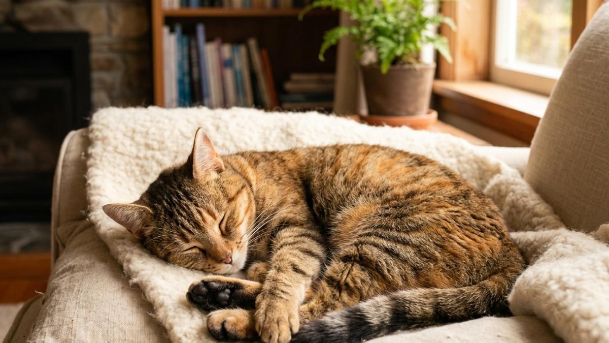 A happy cat sleeping comfortably in a New Zealand home