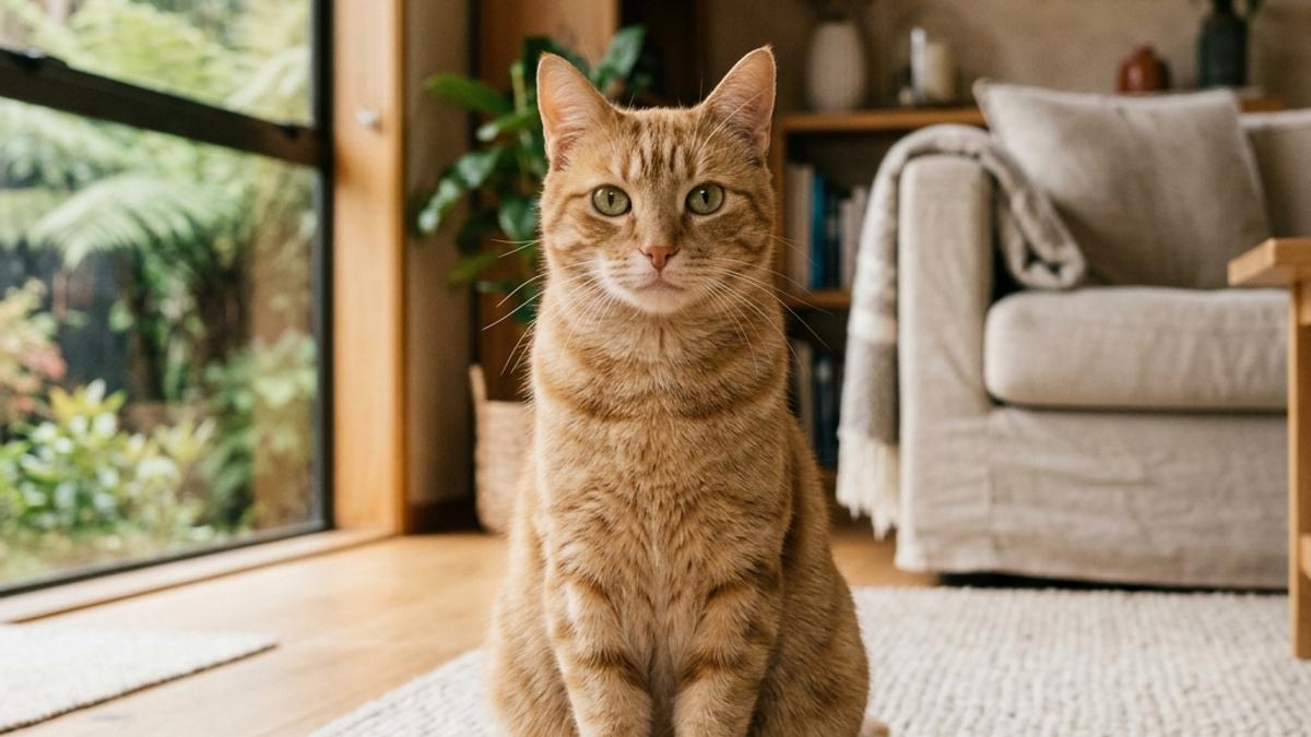 A happy cat sitting on a rug staring curiously and calmly at the camera inside a New Zealand home