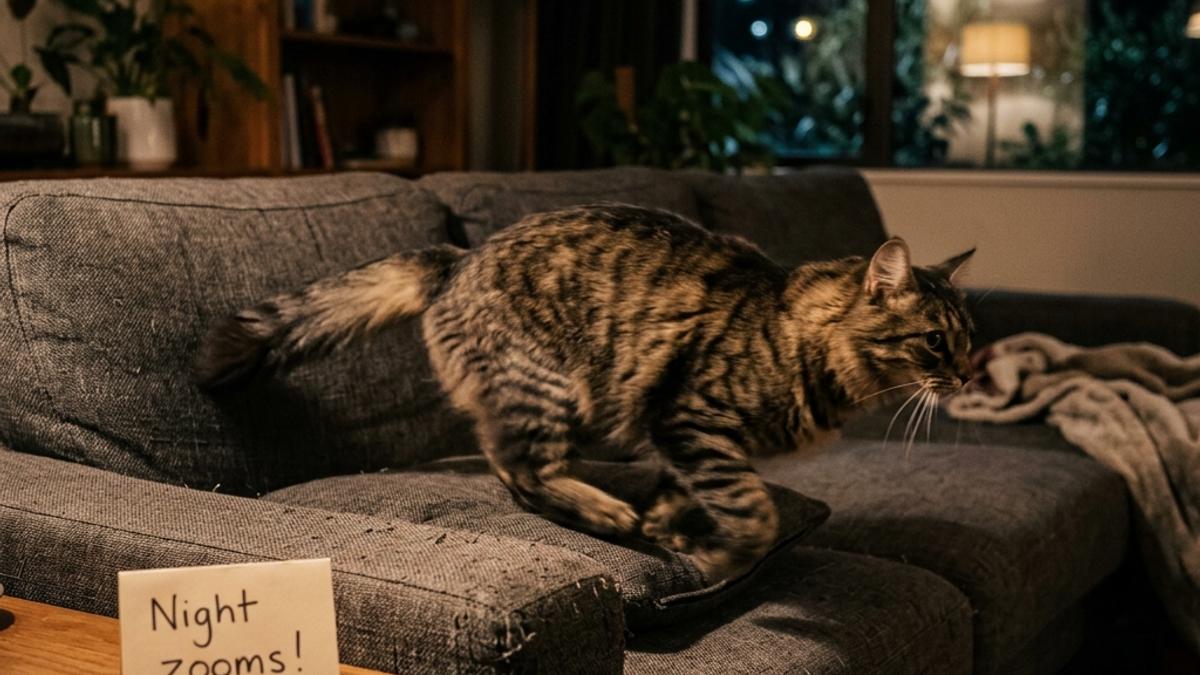 A tabby cat running with speed blur on sofa at night next to a Night zooms card