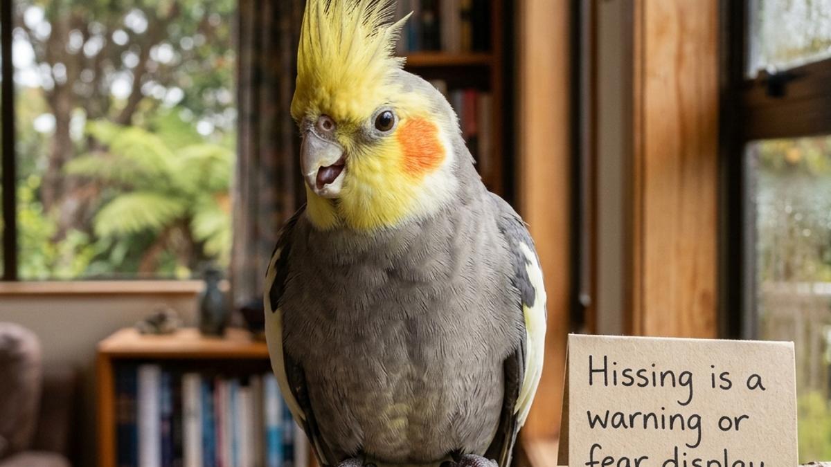 A close-up of a cockatiel raising its crest and hissing in a defensive display next to a warning card