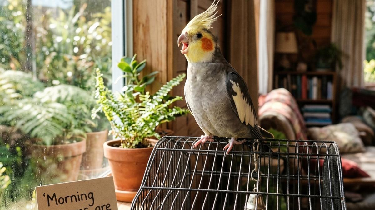 A cockatiel singing on top of its cage near a window next to a flock calling card