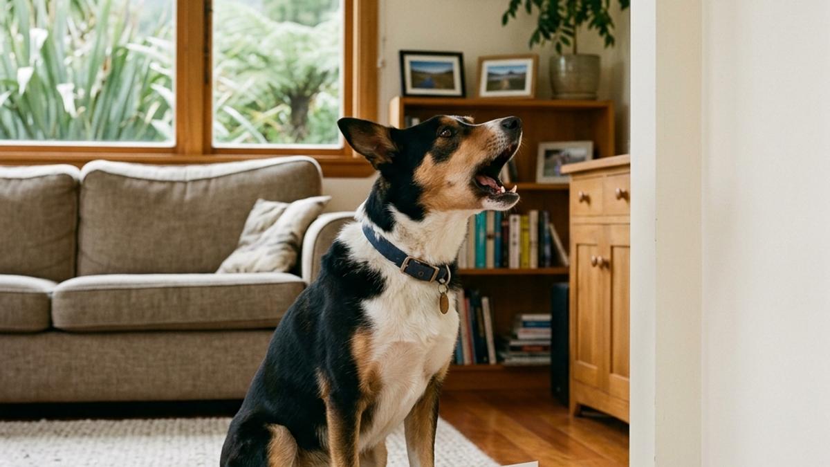 An alert dog sitting in a living room and barking at an empty wall corner next to an info card