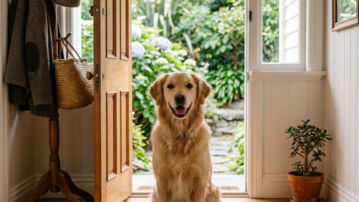 A happy dog sitting alertly near the open front door inside a warm New Zealand home