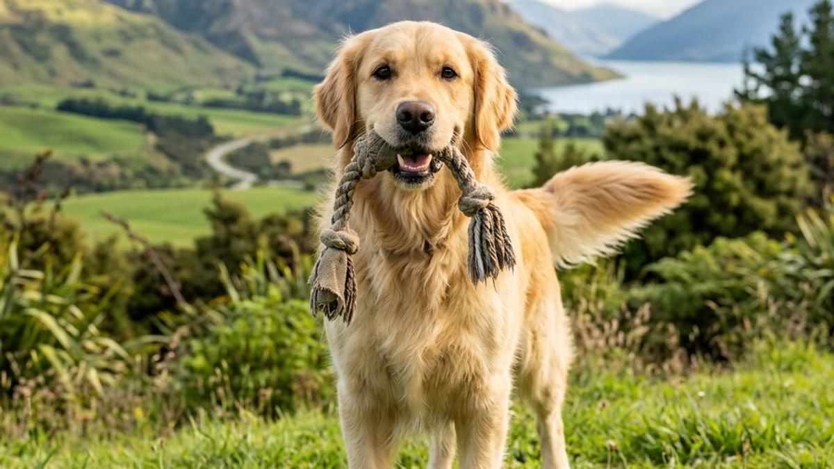 A happy dog holding a toy in a New Zealand setting, illustrating why does my dog bring me toys? nz guide