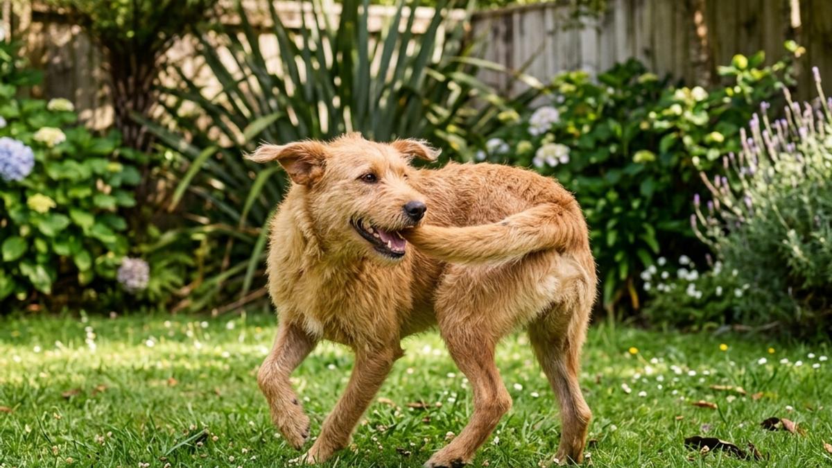 A happy dog playfully chasing its tail in a New Zealand backyard garden