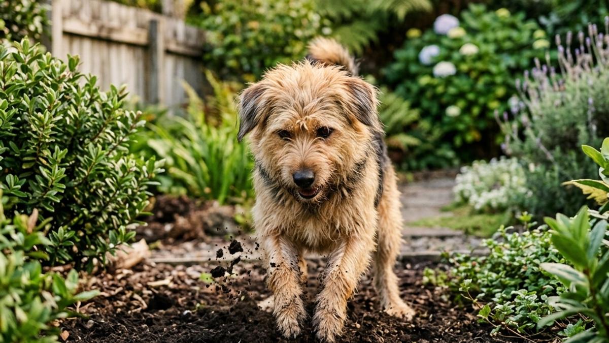 A happy dog digging in the backyard soil in a New Zealand garden