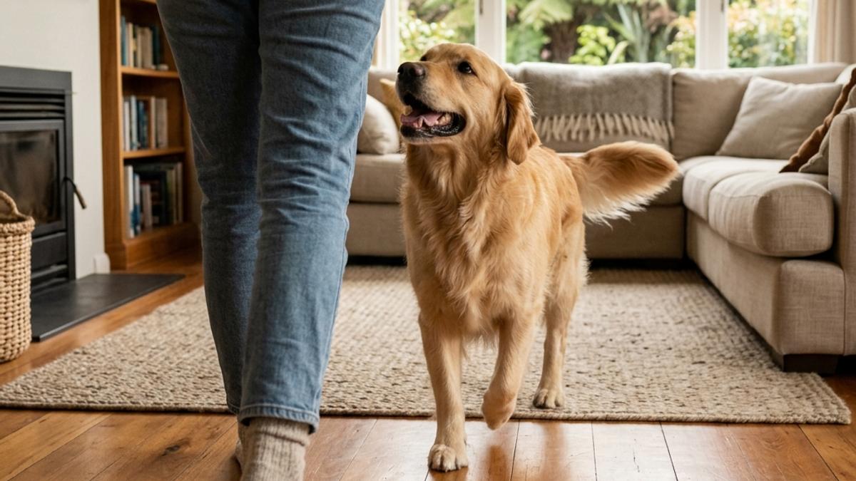A happy dog walking closely behind its owner's feet inside a warm home in New Zealand