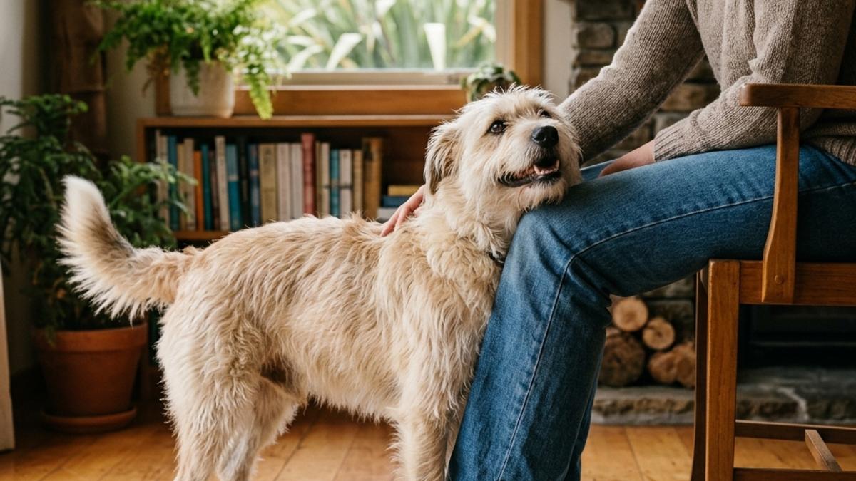 A happy dog leaning affectionately against its owner's leg inside a warm New Zealand home
