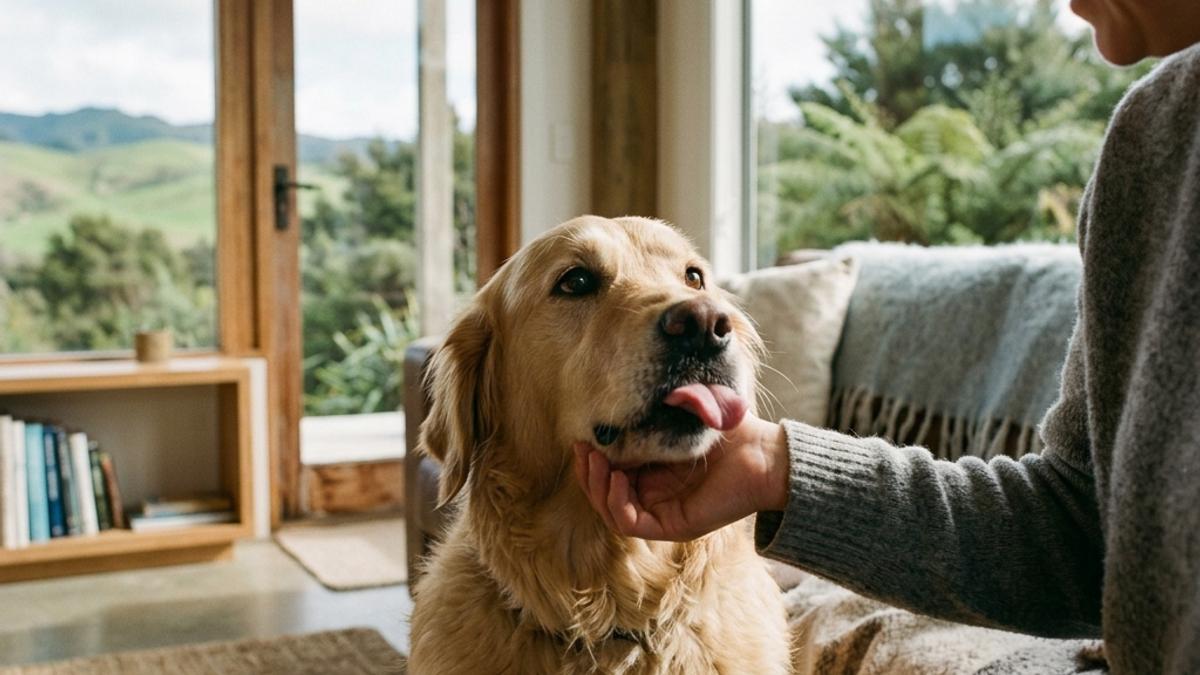 A happy dog licking its owner's hand affectionately in a New Zealand home