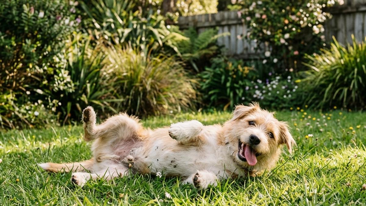 A happy dog playing and rolling on the grass in a New Zealand garden or park