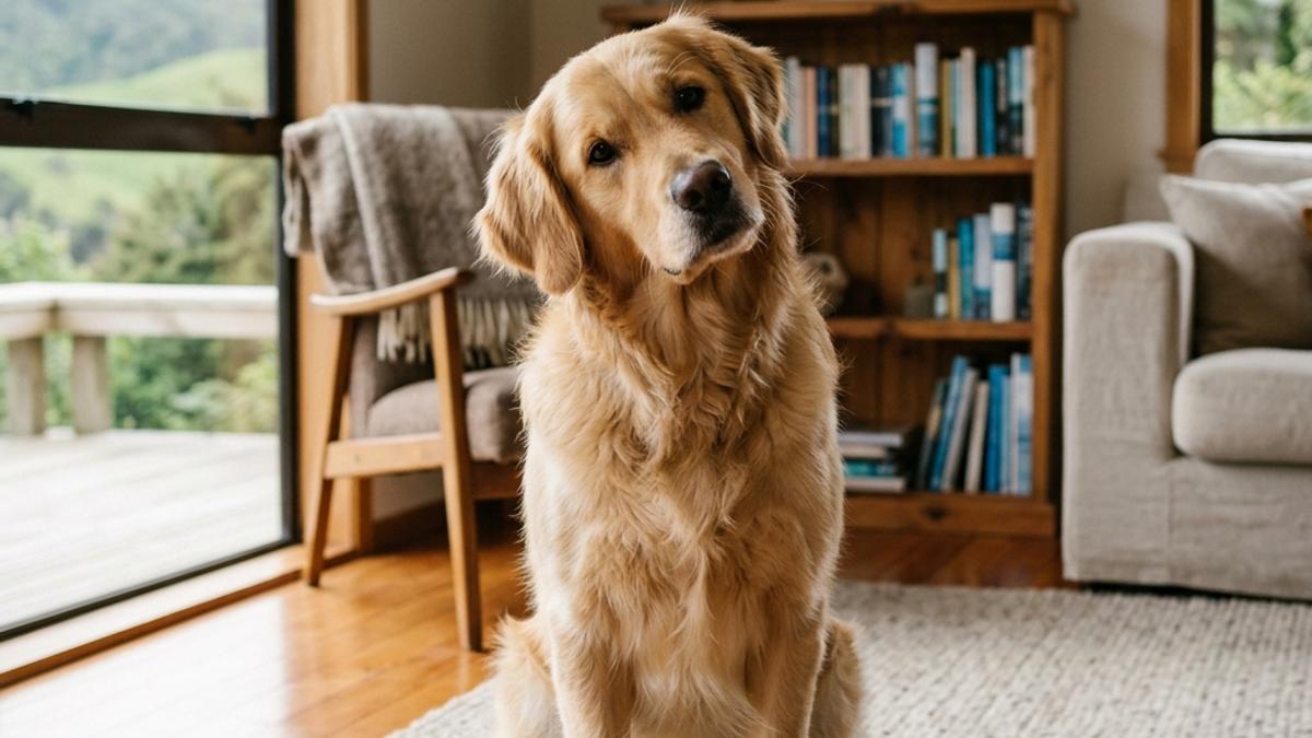 A happy dog sitting curiously and tilting its head in a cozy New Zealand living room