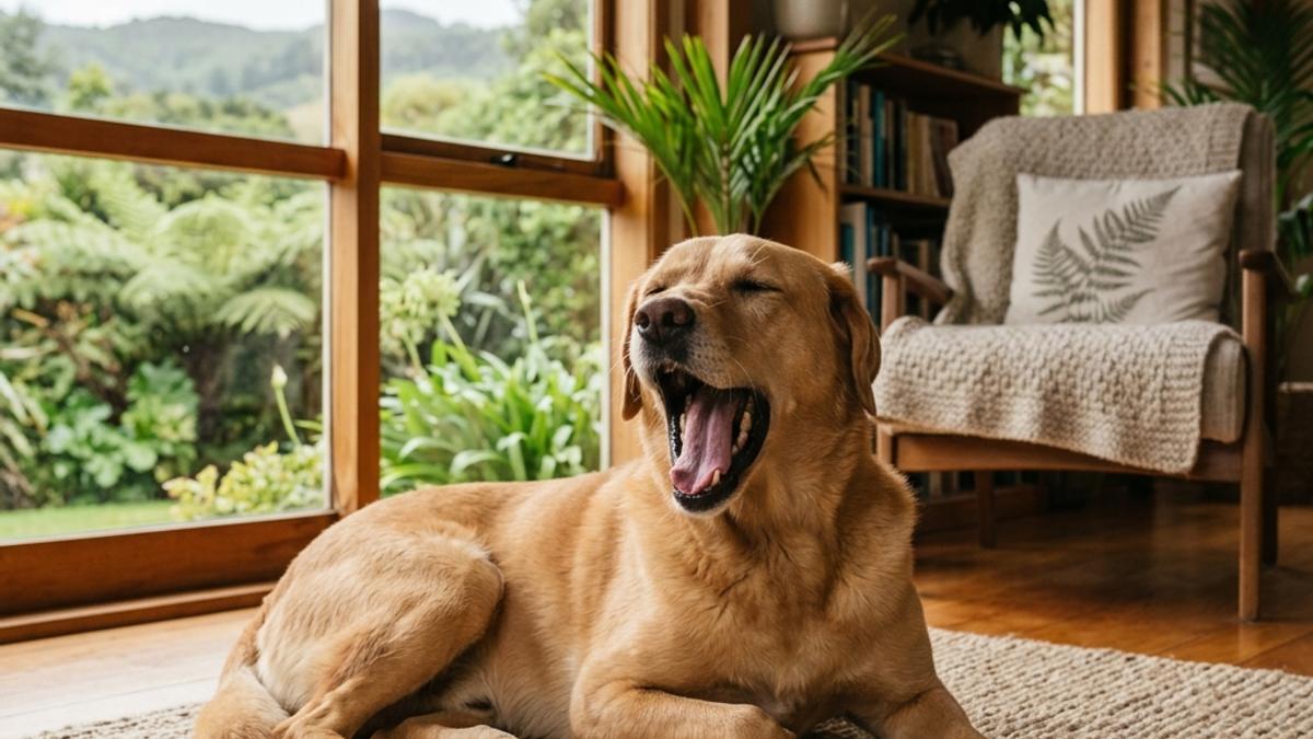 A happy dog yawning inside a warm New Zealand home with garden view