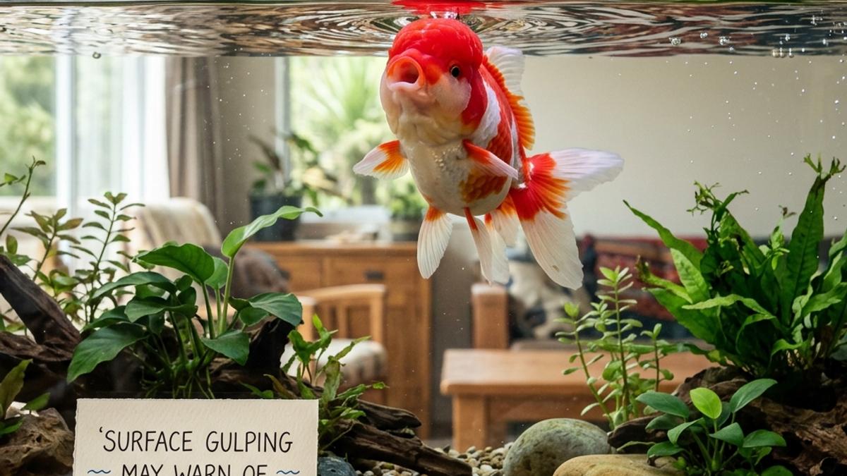 A red and white goldfish gulping at the water surface in a clean aquarium next to a warning card