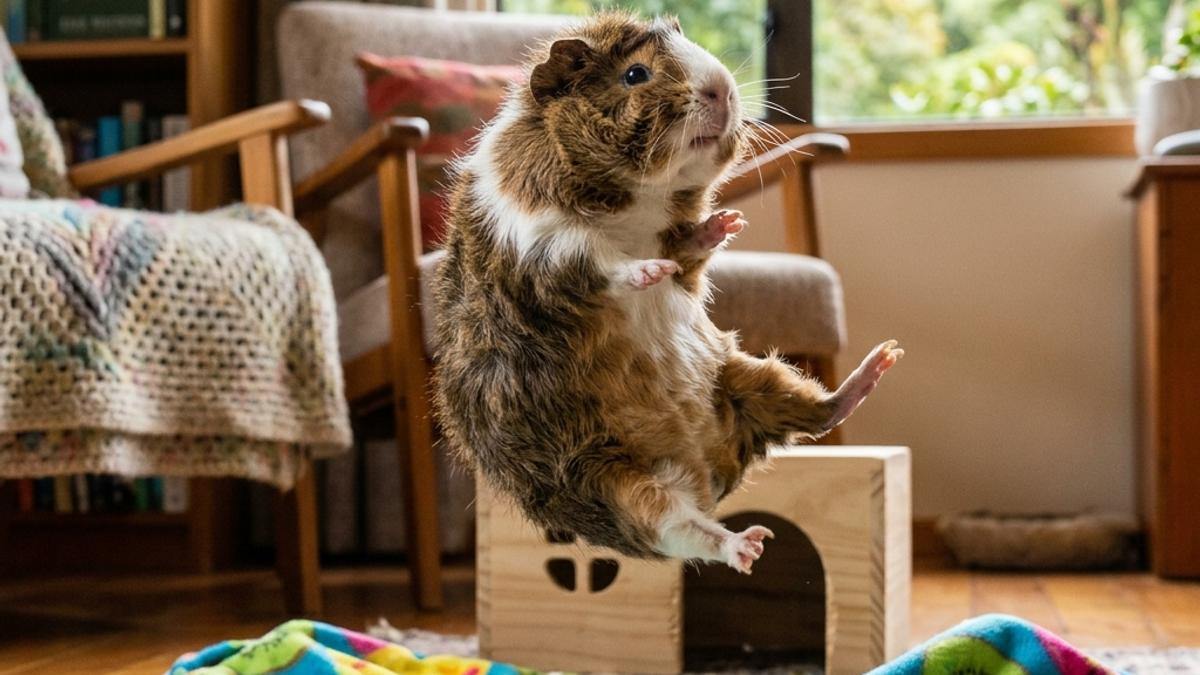 A happy guinea pig performing a popcorn jump in the air on a colorful kiwi pattern blanket