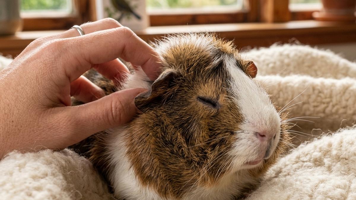 A relaxed guinea pig closing its eyes while being gently petted on a soft wool blanket in a home
