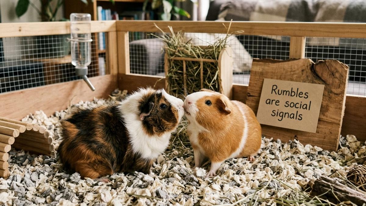 Two guinea pigs interacting in their enclosure next to a rumble strutting info card