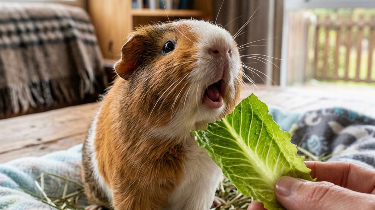 An excited guinea pig wheeking with its mouth open for a lettuce leaf held by its owner