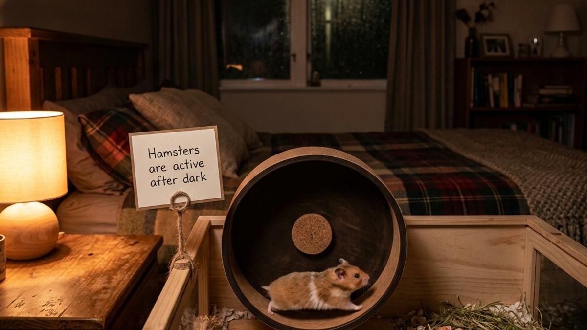 A hamster running on a silent exercise wheel in a cozy dim bedroom at night next to a card
