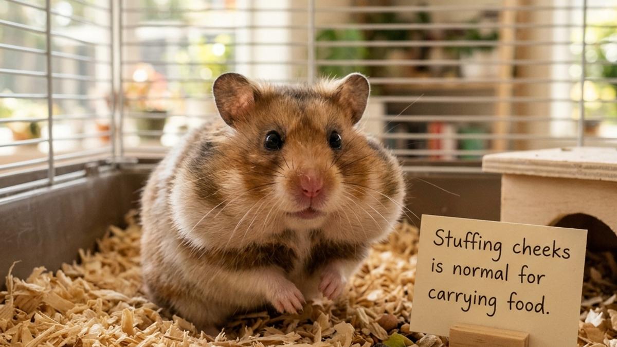A cute hamster with stuffed cheek pouches sitting in its cage next to an info card