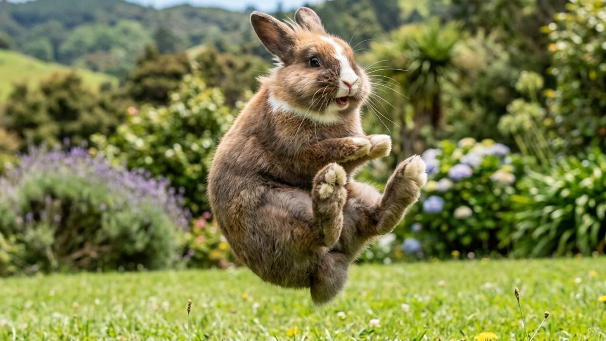 A happy rabbit performing a mid-air binky jump on green grass in a New Zealand garden