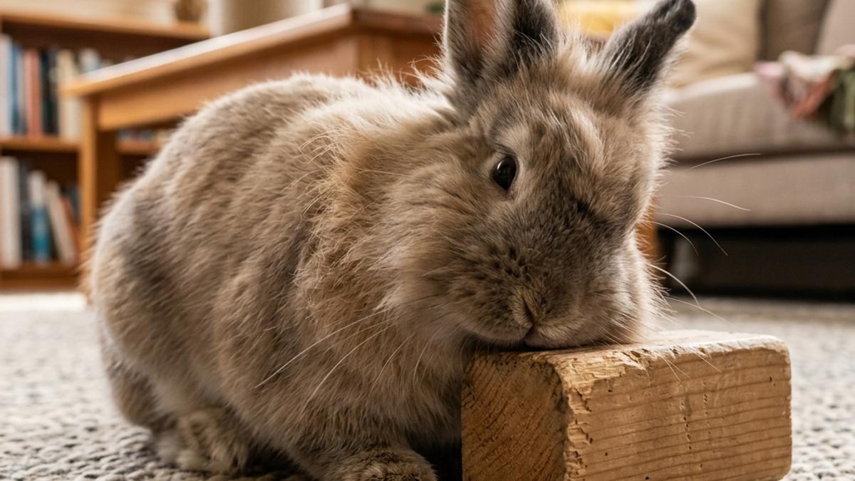 A fluffy pet rabbit rubbing its chin on a wooden block to scent mark in a New Zealand living room