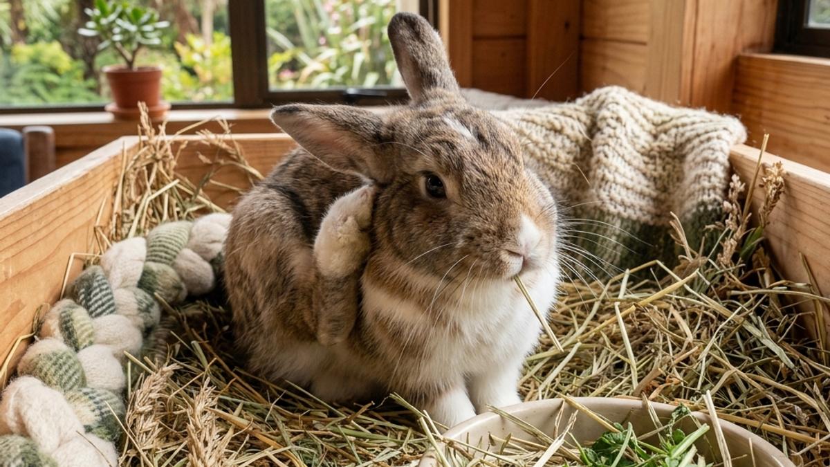 A pet rabbit eating fresh grass and hay in a clean and cozy wood enclosure