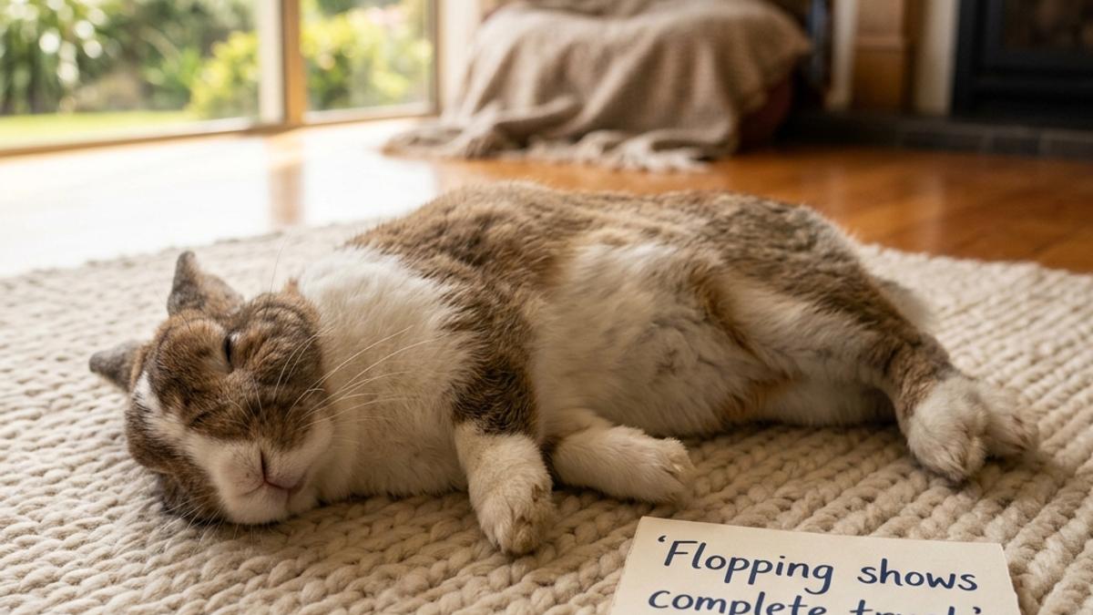 A rabbit flopped over completely on its side relaxing on a soft rug next to a trust card