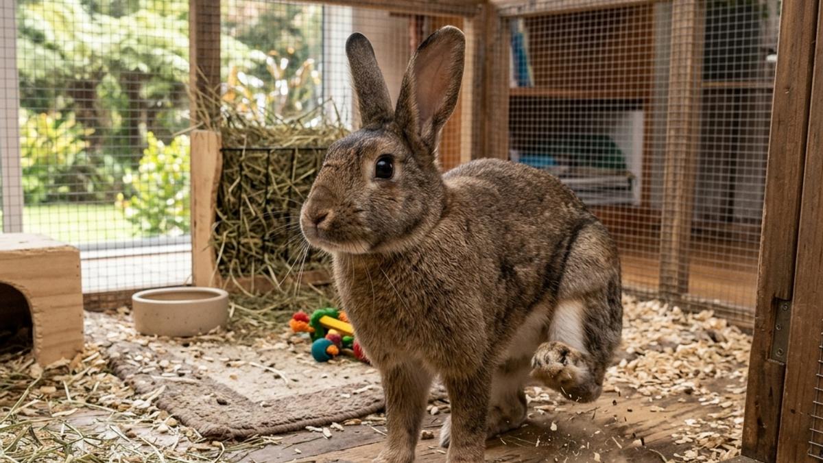 An alert rabbit in its enclosure thumping its back leg on the wood shaving floor in a home