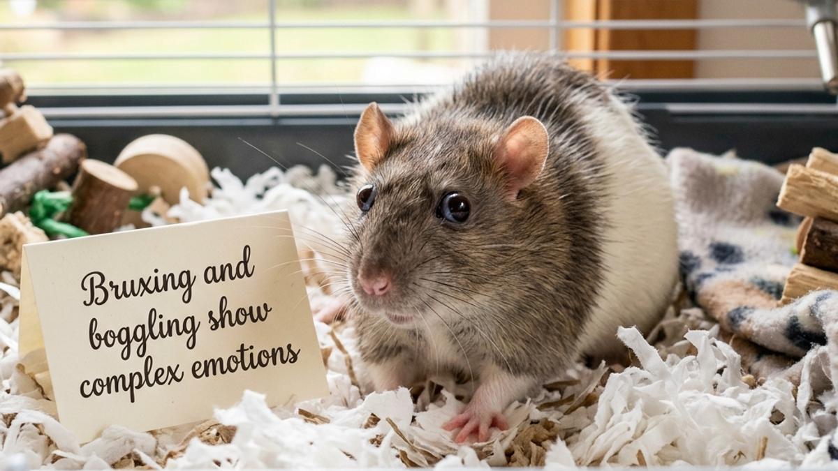 A close-up of a fancy rat boggling its eyes inside a clean cage next to a card explaining complex emotions