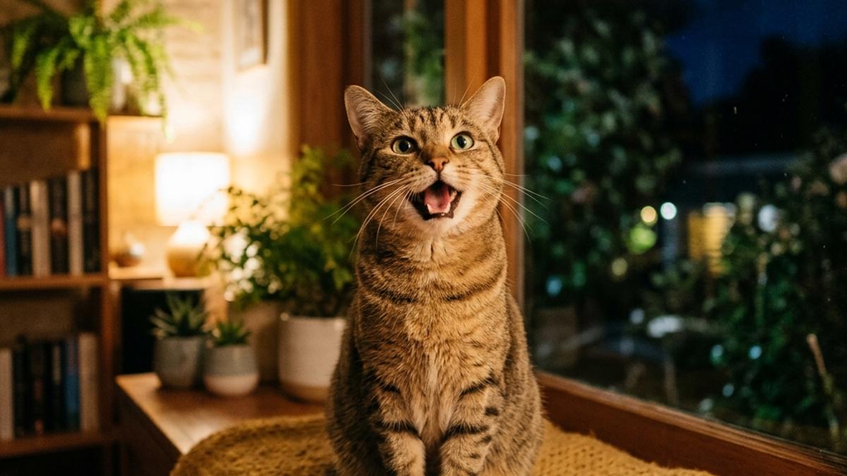 A happy cat meowing at night inside a warm home in New Zealand
