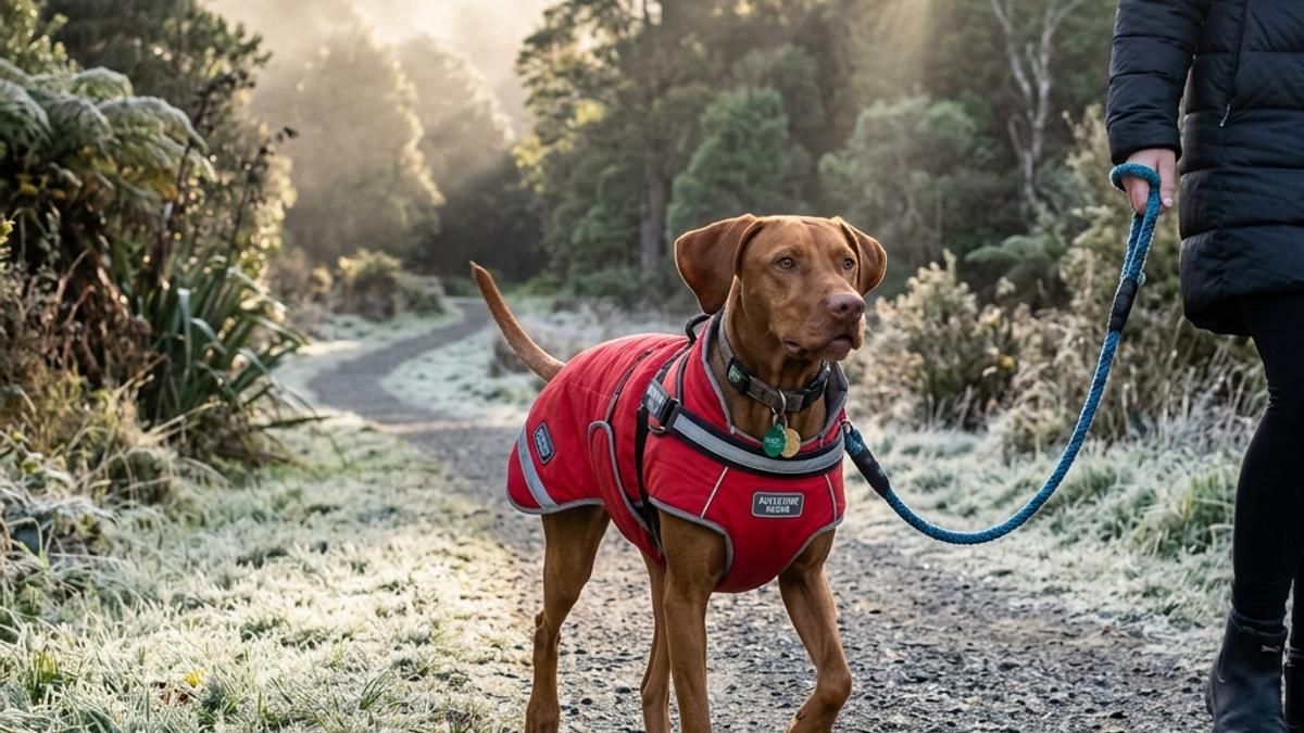 An active dog wearing a bright red reflective winter coat walked on a leash in a misty New Zealand park during a cold winter morning