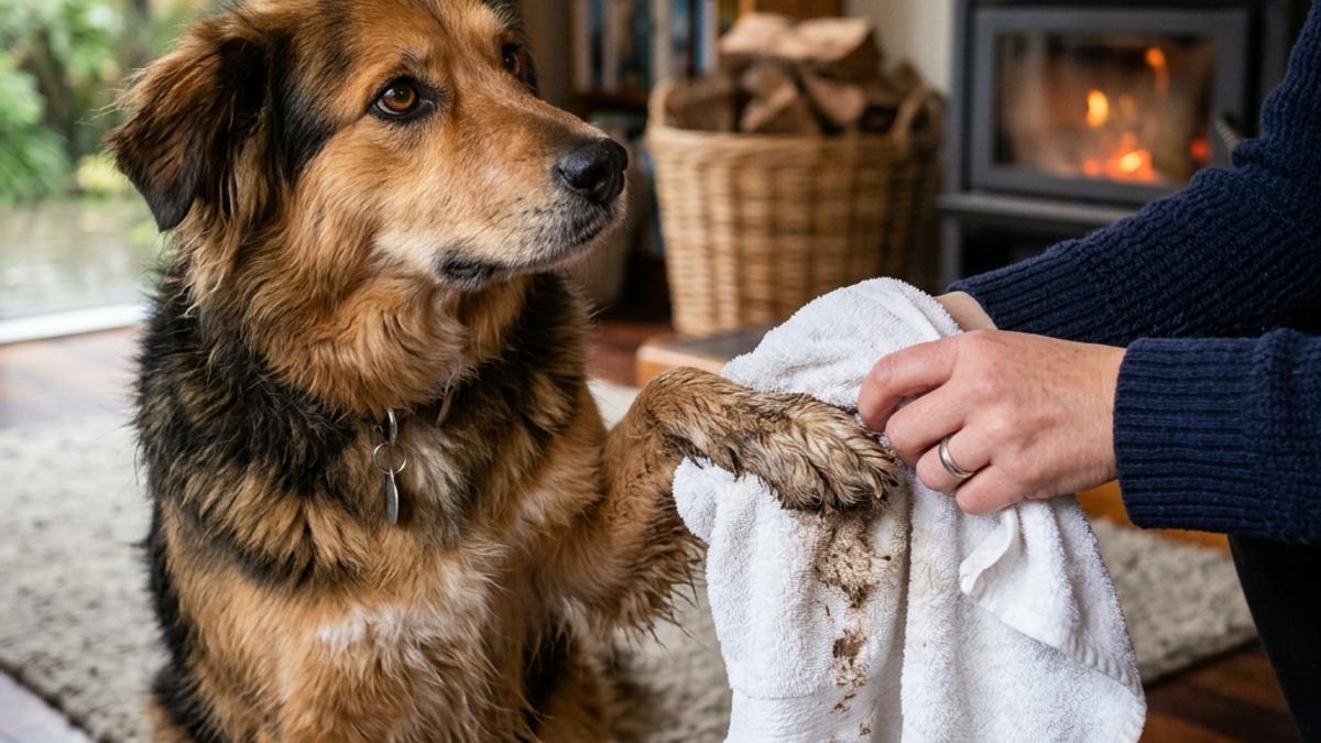 A close-up of a owner's hand gently drying a dog's muddy paw with a towel next to a fireplace in New Zealand