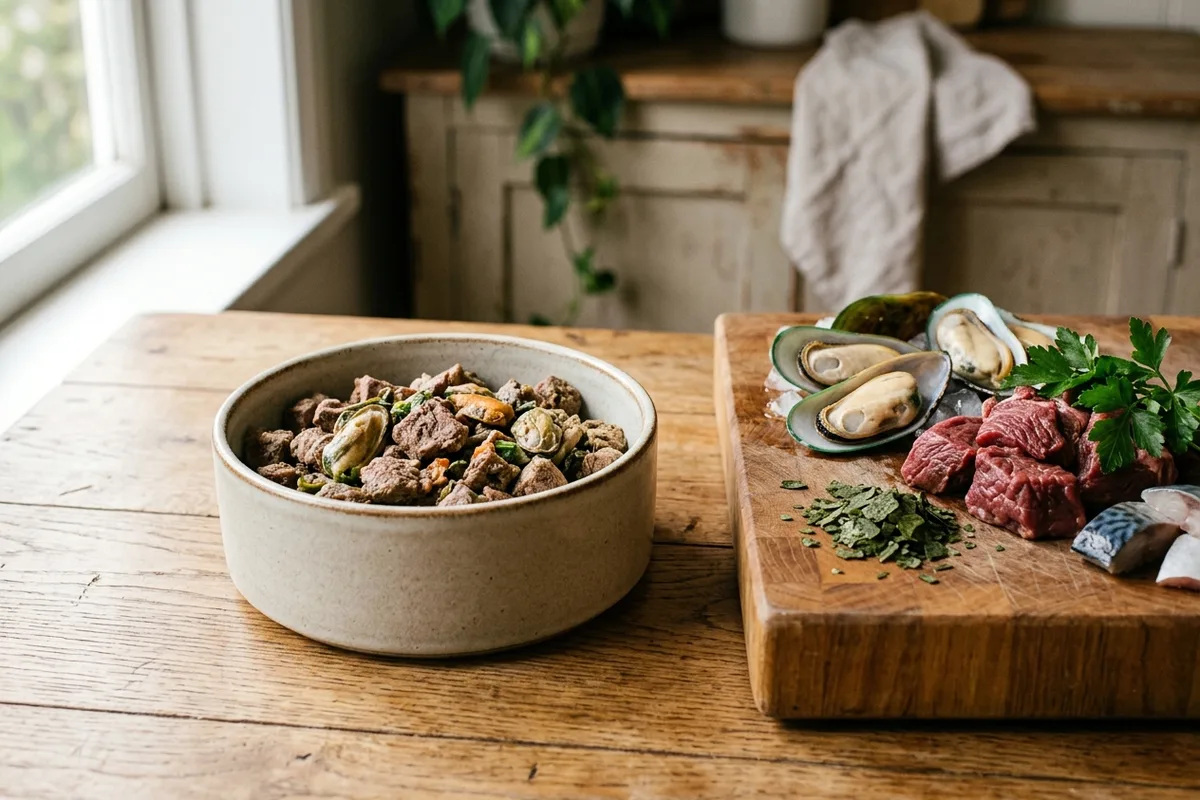 A ceramic pet bowl filled with premium air-dried raw dog food beside fresh green-lipped mussels, beef cuts, and kelp flakes on a butcher block
