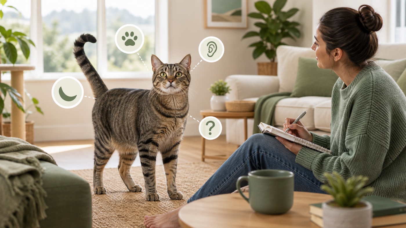 A cat owner observing cat behaviour cues at home
