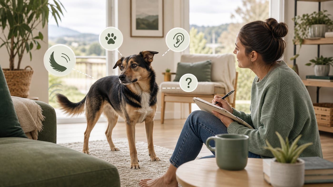 A dog owner observing dog behaviour cues at home